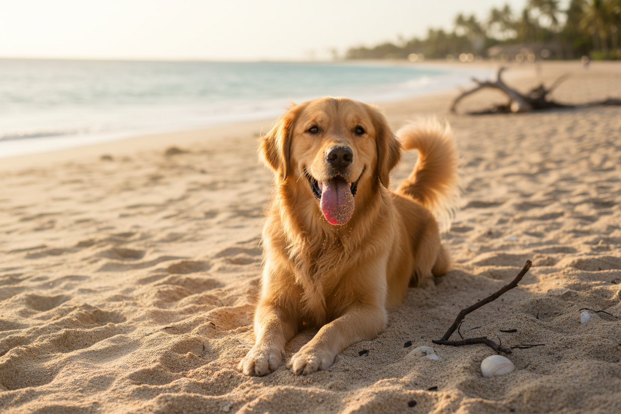 dog laying down in the sand with tounge out
