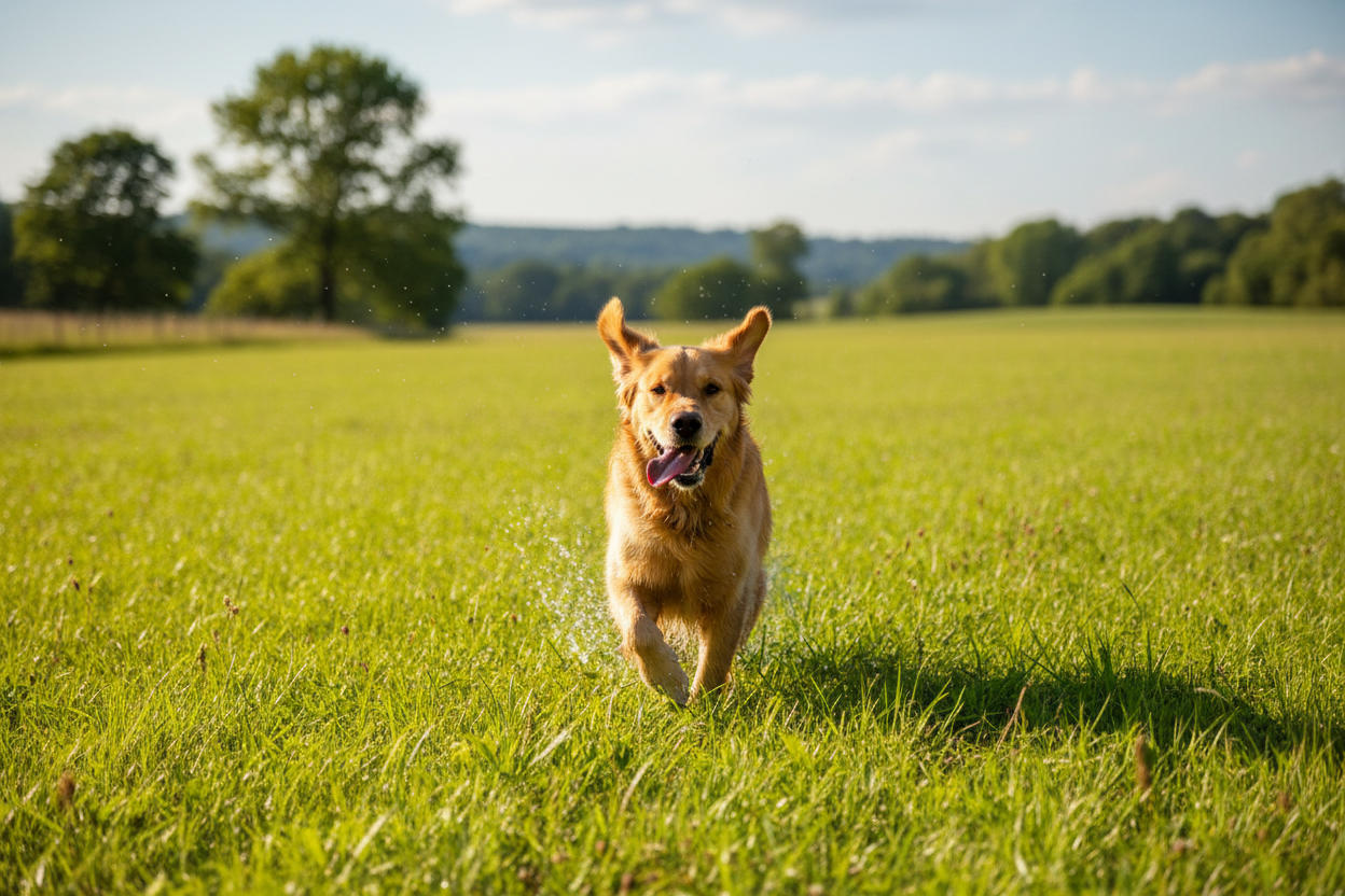 dog running around with grass behind him